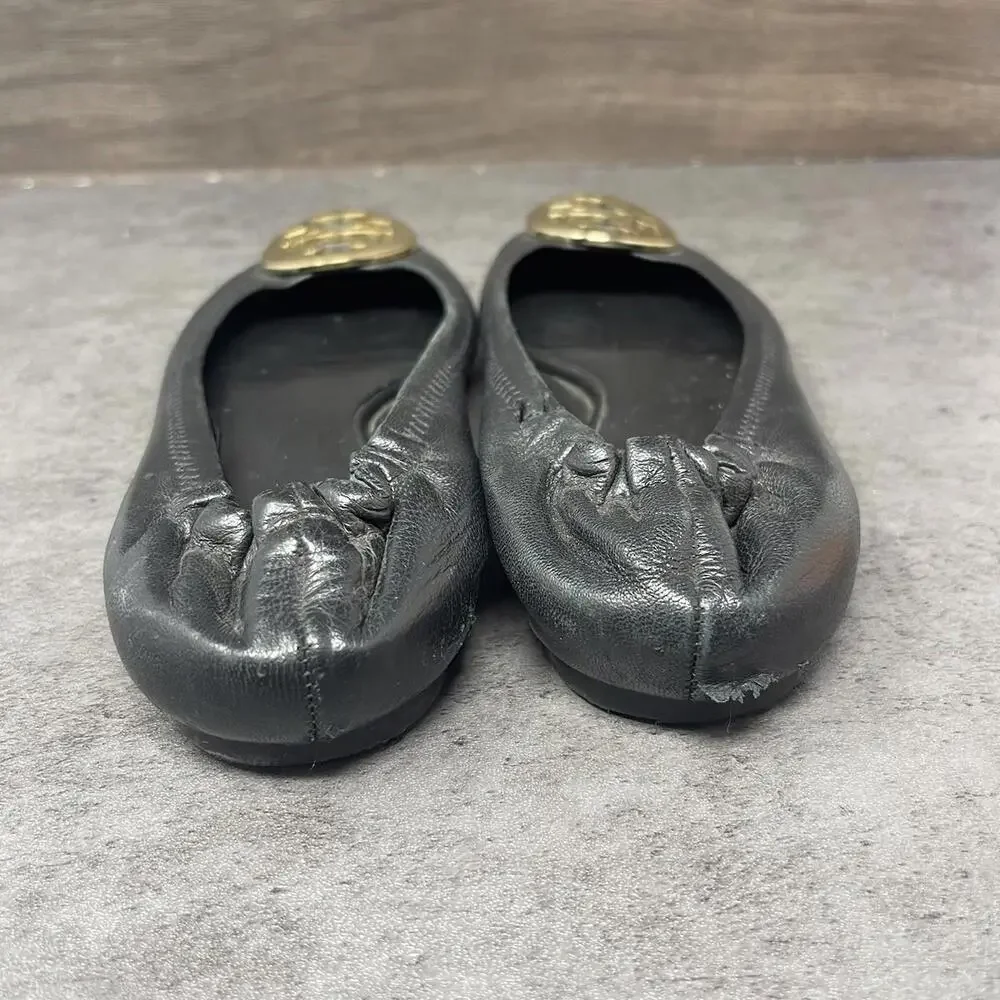 Tory Burch Minnie Travel Ballet Flats Womens Size 5 Black Leather Slip On Shoes